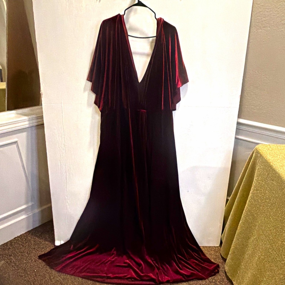 Revelry Sz 5X Maternity Burgundy Velvet V-Neck Flutter Sleeve Maxi Dress